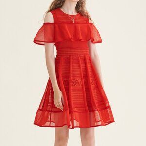 Maje Rosalie Mesh Structured Red Dress